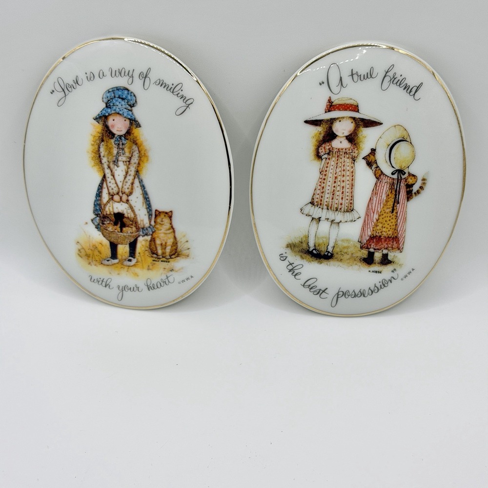 Set 2 Vintage 1970s Holly Hobbie Friends Love Porcelain Wall Plaques Cottagecore